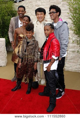 Jada Pinkett Smith, Will Smith, Jaden Smith, Jackie Chan, Trey Smith and Willow Smith at the Los Angeles premiere of 'The Karate Kid' held at the Mann Village Theater in Westwood, USA on June 7, 2010.