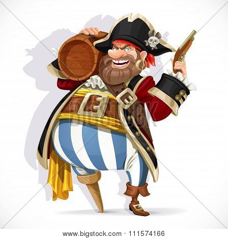 Old Pirate With A Wooden Leg Holding A Keg Of Rum And Pistol Isolated On A White Background