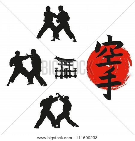 Hieroglyph Of Karate And Men Demonstrating Karate.