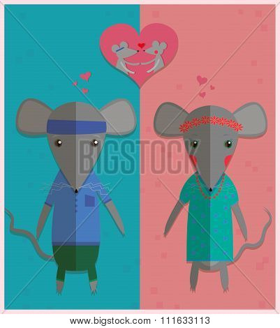 Mouse boy and mouse girl. Couple in love. Romantic concept. Valentine's day greeting card. Cute cart