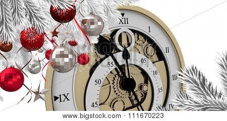 Christmas tree decorated with golden ornaments against close-up of antique pocket clock with roman numbers Close-up of antique pocket clock with roman numbers against white vackground