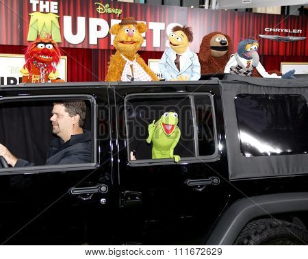 HOLLYWOOD, CALIFORNIA - November 12, 2011. Kermit The Frog, Fozzie Bear, Animal, Gonzo and Rowlf The Dog at the World premiere of 