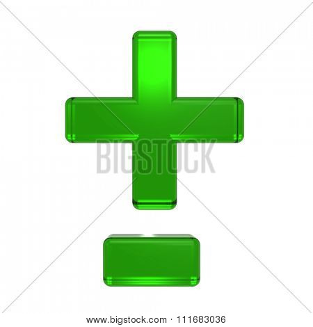 Hyphen, minus, plus marks from emerald alphabet set, isolated on white. Computer generated 3D photo rendering.