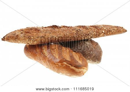 different rye and white flour bread loaf with french baguette isolated on white background
