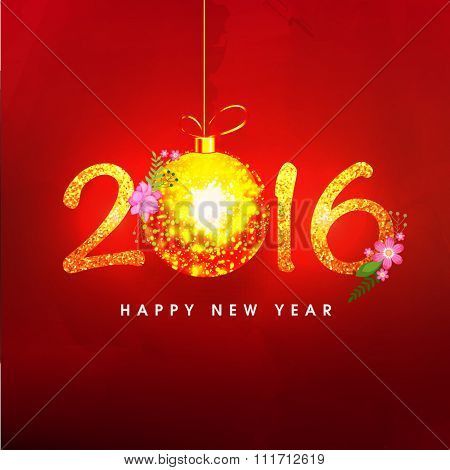 Elegant greeting card with glossy golden text 2016 and hanging Xmas Ball for Happy New Year celebration.