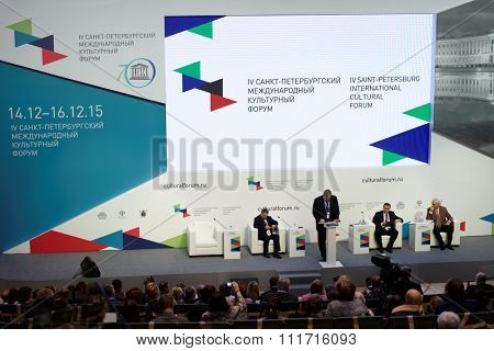 ST. PETERSBURG, RUSSIA - DECEMBER 14, 2015: Plenary meeting dedicated to 25 anniversary of including the Russian sites in UNESCO World Heritage list during St. Petersburg International Cultural Forum