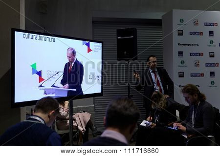 ST. PETERSBURG, RUSSIA - DECEMBER 14, 2015: Journalists work during the speech of President of Russia Vladimir Putin on the plenary meeting during 4th St. Petersburg International Cultural Forum