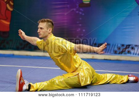 JAKARTA, INDONESIA - NOVEMBER 17, 2015: Justin Benedik of the USA performs the movements in the men's Compulsory Changquan event in the 13th World Wushu Championship 2015 in Istora Senayan Stadium.