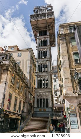 Lisbon, Portugal March 24, 2013: Santa Justa elevator in Lisbon, Portugal on July 27, 2013. The elevator was built by Raoul Mesnard in 1902 to connect Baixa Pombalina and Chiado