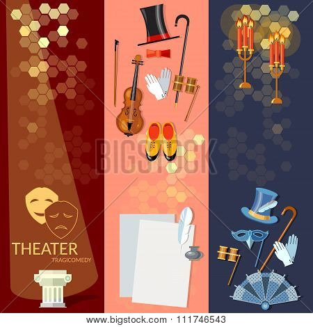 Theatre Flat Banner Set With Actors Scenario Decorations Dramaturgy Performance