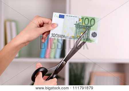 Hands with scissors cutting Euro banknote, on blurred interior background