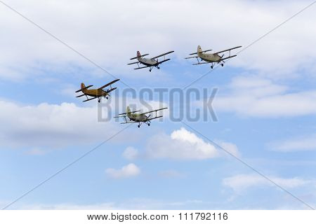 Hradec Kralove, Czech Republic - September 5: Group Of Antonov An-2 Biplanes Flying On September 5,