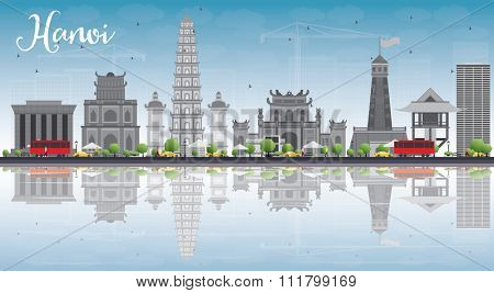Hanoi skyline with grey Landmarks, blue sky and reflections. Vector illustration. Business and tourism concept with copy space. Image for presentation, banner, placard or web site
