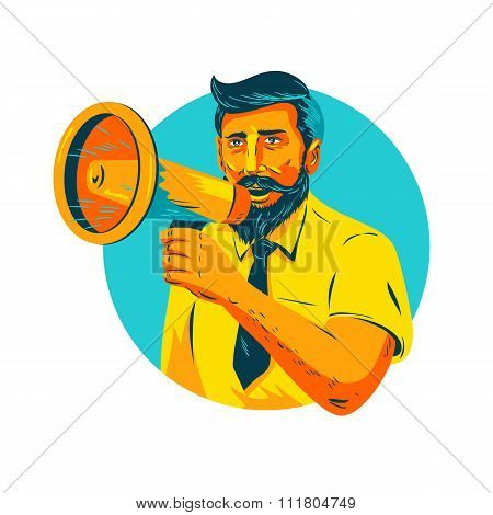 Bearded Hipster Man With Megaphone Wpa