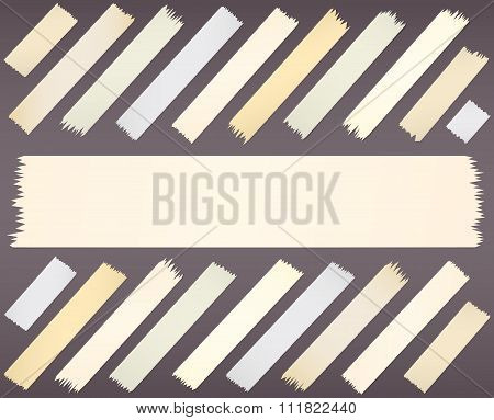 Set of horizontal diagonal and different size sticky tape, adhesive pieces on purple background