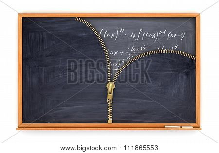 Classroom Blackboard Open By Zipper And Blackboard With Mathematical Formulas Inside, Knowlage Conce