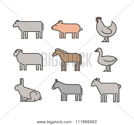 Outline Figures Of Farm Animals. Vector Figures Icon Set