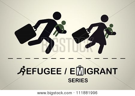 Running people with children and suitcases.