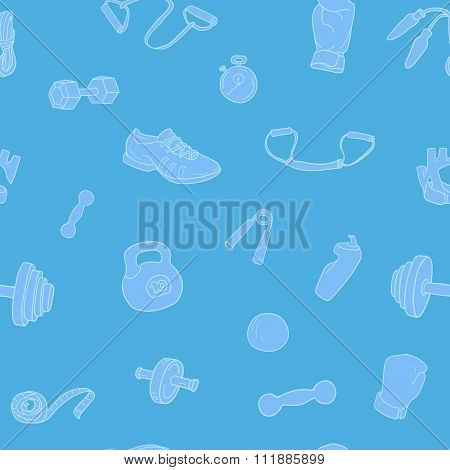 Fitness And Gym Hand Drawn Seamless Pattern. Blue Sports  Vector Background
