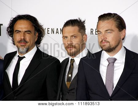 Alejandro Gonzalez Inarritu, Leonardo DiCaprio and Tom Hardy at the Los Angeles premiere of 'The Revenant' held at the TCL Chinese Theatre in Hollywood, USA on December 16, 2015.