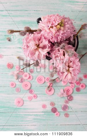 Postcard With Hyacinths And Willow Flowers And Pink Buttons