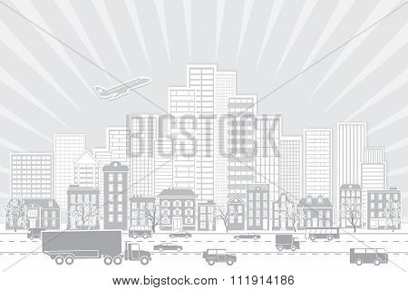 Urban vector illustration with cityscape, skyscrapers, vehicles