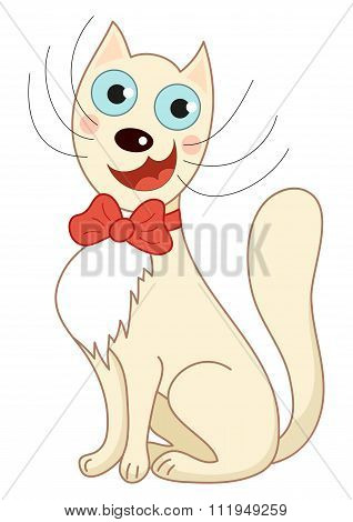 Cartoon smiling beige gentleman cat with red bow sit