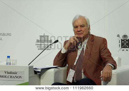 ST. PETERSBURG, RUSSIA - DECEMBER 14, 2015: Showman Vladimir Molchanov at the plenary meeting during 4th St. Petersburg International Cultural Forum