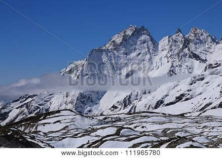 Scene In The Gokyo Valley, Glacier And High Mountains