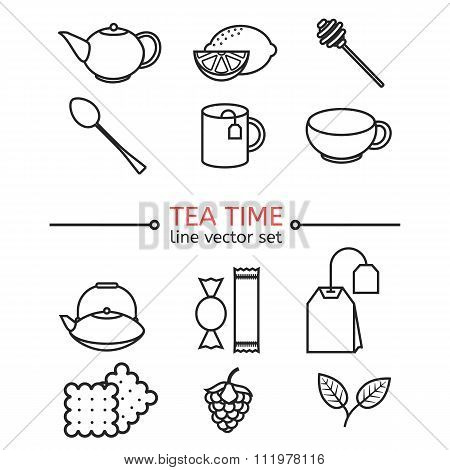 Vector  tea mono line elements  tea.  For menu, package, design.