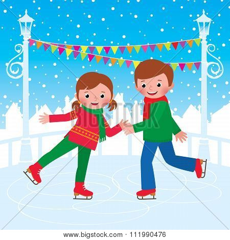 Children Are Skating On The Ice Rink