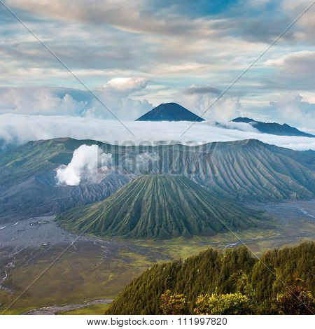 Mount Bromo and Batok volcanoes in Bromo Tengger Semeru National Park, East Java, Indonesia.