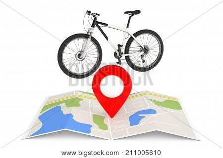 Black and White Mountain Bike Near Folded Abstract Navigation Map with Map Pointer Pin on a white background. 3d Rendering