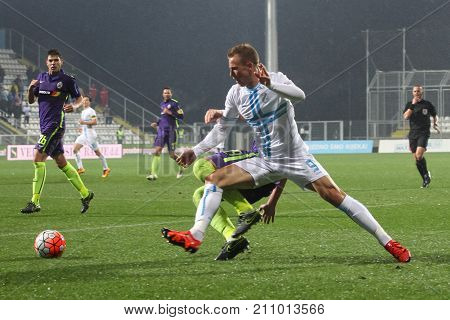 RIJEKA CROATIA - February 12 2016: Bekim Balaj of Rijeka in action during the CROATIAN FOOTBALL LEGAUE match between Rijeka and Lokmotiva at HNK Rijeka Stadium