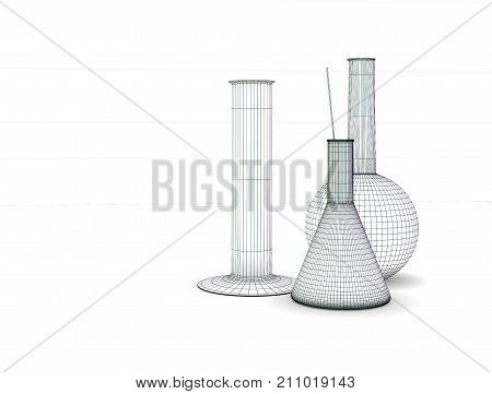 Laboratory glassware. Three flasks on the table. Image chemical glass flasks. Round flask, conical flask and measuring cylinder. Illustration of laboratory procedures.