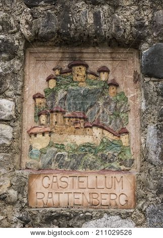 Rattenberg Austria - September 28 2017: Plaque of Castellum Rattenberg at the castle of Rattenberg.