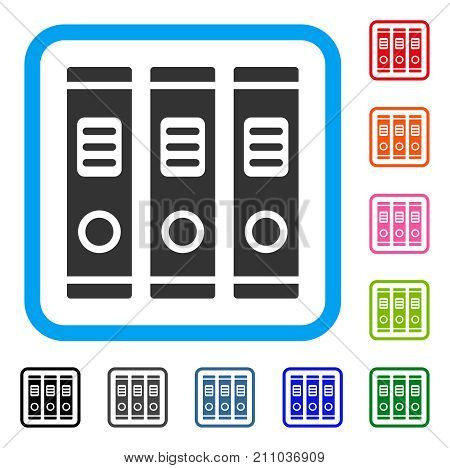 Books icon. Flat gray iconic symbol inside a light blue rounded rectangular frame. Black, gray, green, blue, red, orange color additional versions of Books vector. Designed for web and app interfaces.