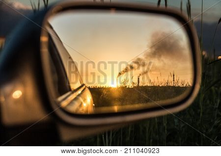 Industrial Smoke From Chimney At Sunset, Steppe Near Almaty, Kazakhstan