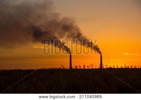 Industrial Smoke From Chimney At Sunset, Steppe Near Almaty, Kazakhstan