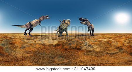Computer generated 3D illustration with a spherical 360 degrees seamless panorama of the dinosaurs Tyrannosaurus Rex and Albertaceratops