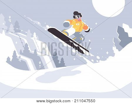 Snowboarder guy snowboarding on snowy winter slope and jump. Vector illustration