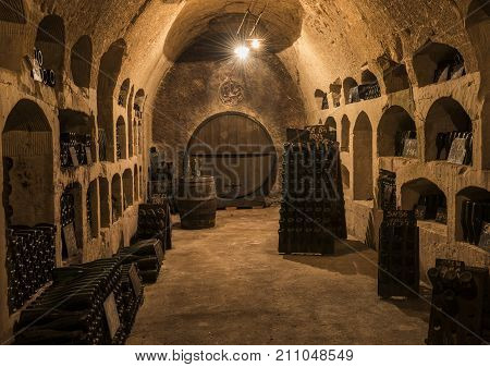 Epernay France - June 10 2017: Old champagne caves with 'pupitres' at the Champagne House Castellane France.