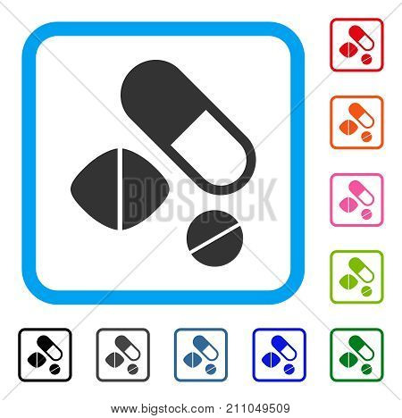 Medication Pills icon. Flat gray pictogram symbol in a light blue rounded square. Black, gray, green, blue, red, orange color additional versions of Medication Pills vector.