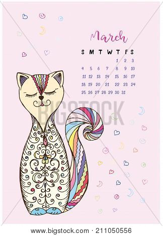 calendar for the month of March 2018, the cat painted Doodle strips ANTO, pink background