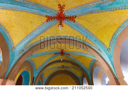 March 1 2016 Bernal Queretaro Mexico: painted architectural detail of arches seen in the historic town center