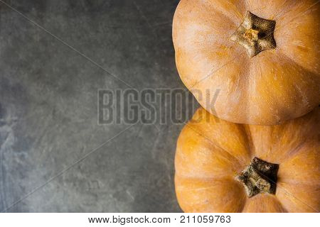 Two Beautiful Pale Orange Color Pumpkins on Dark Grey Stone Background. Autumn Fall Thanksgiving Harvest. Copy Space Greeting Card Poster Template. Creative Conceptual Image