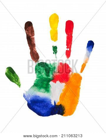 Multicolored fingers of the right hand photo on white background. The palm print gouache in bright colors with dactyloscopic patterns.
