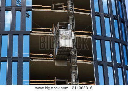 Prague, Czech Republic - July 13: Lift From Pega Hoist On Skyscraper Construction Site On July 13, 2