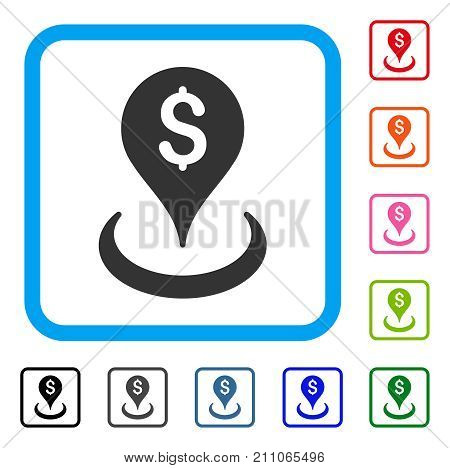 Geo Targeting icon. Flat gray pictogram symbol inside a light blue rounded rectangle. Black, gray, green, blue, red, orange color additional versions of Geo Targeting vector.