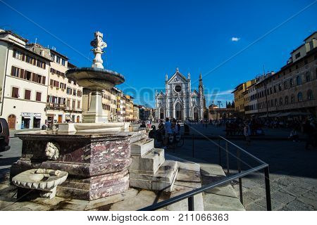 Florence, Italy - October, 2017. Narrow Street In Florence, Tuscany, Italy. Architecture And Landmar